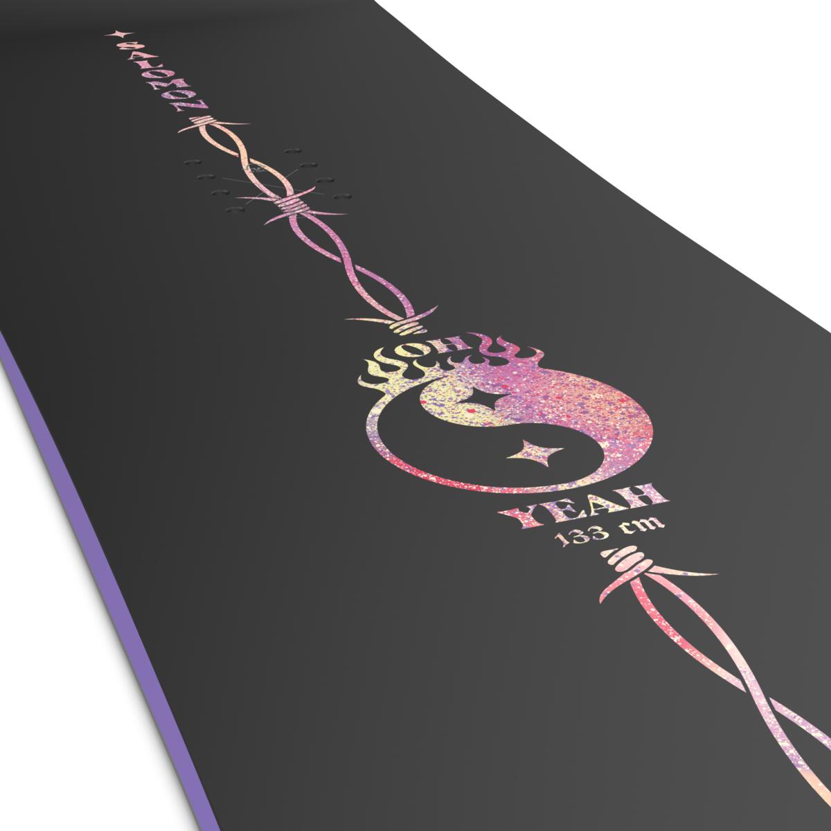 Salomon Junior Oh Yeah Grom Snowboard 2025 - A black snowboard with a purple and pink gradient design on its top side, featuring a stylized "Oh Yeah" logo in bold letters.