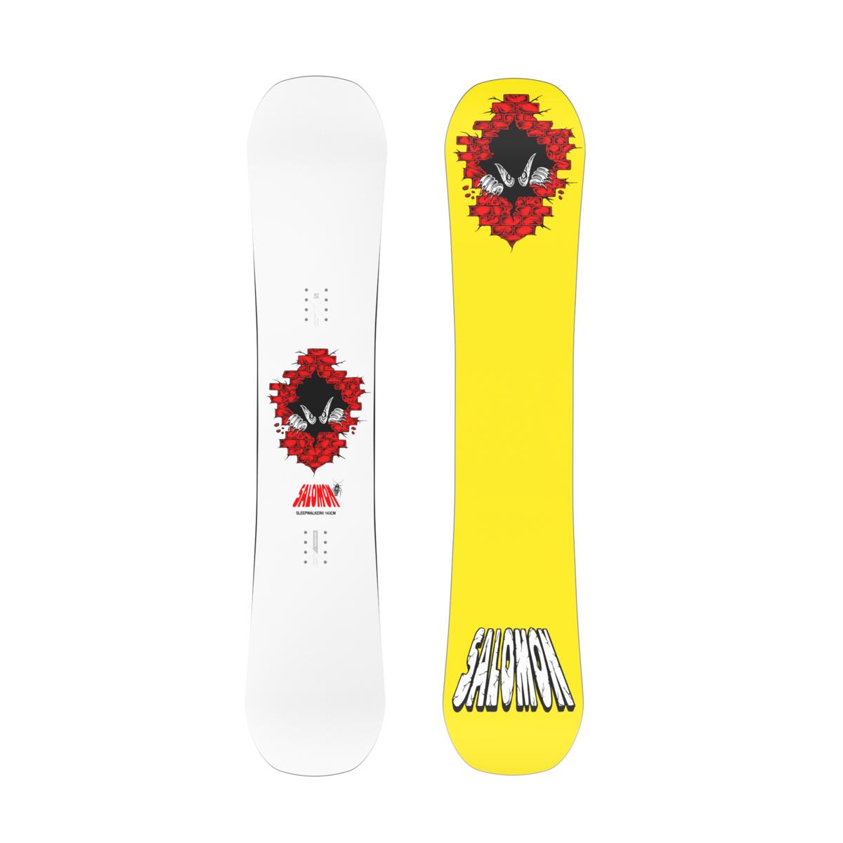 Salomon Junior's Sleepwalker Grom Snowboard 2025 - A white snowboard with a red and black graphic of two birds flying out of a broken heart.