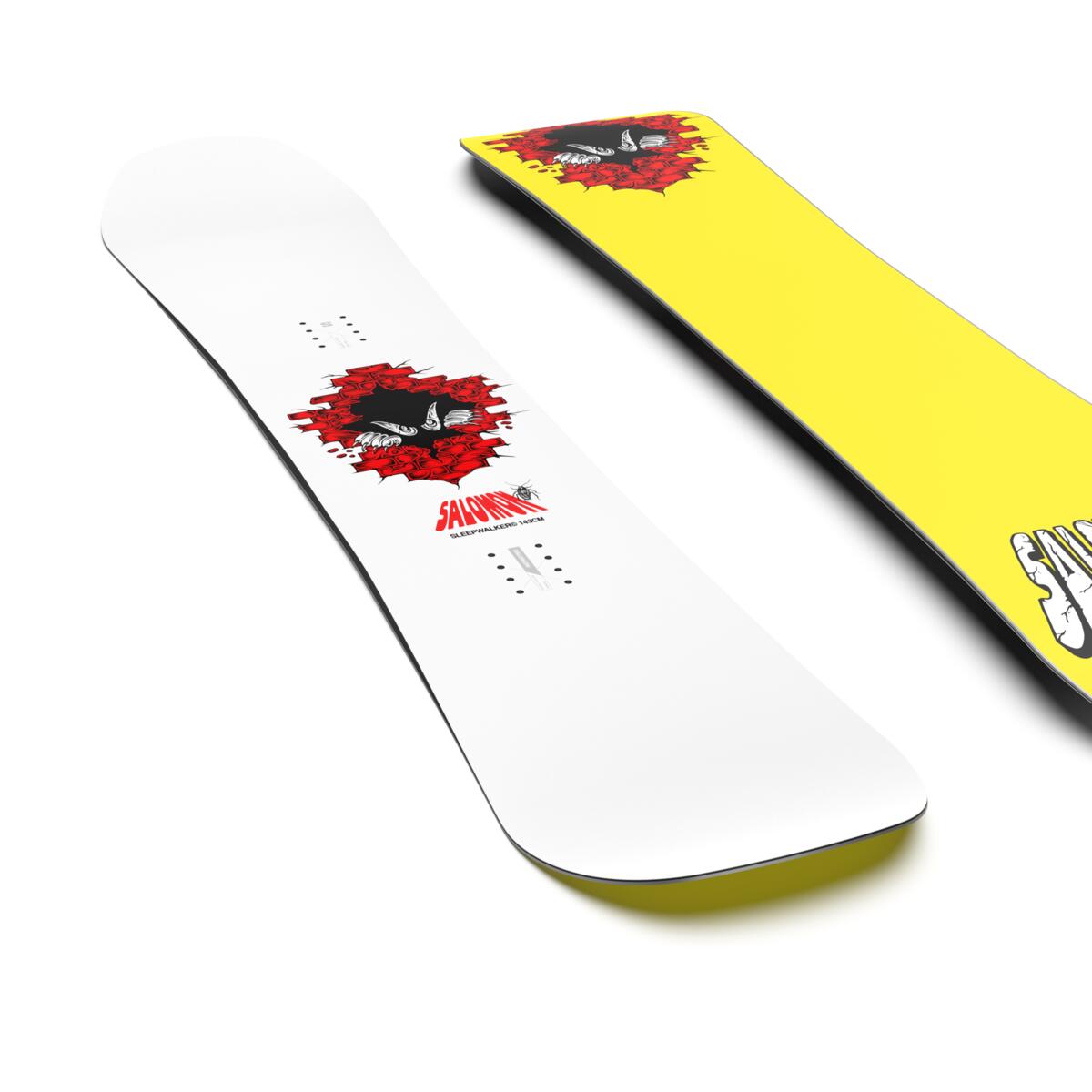 Salomon Junior's Sleepwalker Grom Snowboard 2025 - A white snowboard with a black and red graphic of a wolf's face in the center, surrounded by a red splatter design.