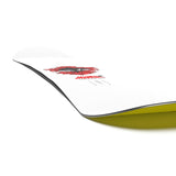 Salomon Junior's Sleepwalker Grom Snowboard 2025 - A white snowboard with a red and black graphic of a wolf howling at the moon, featuring a green base.