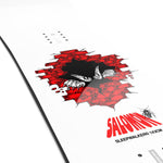 Salomon Junior's Sleepwalker Grom Snowboard 2025 - A white snowboard with a black and red graphic of a wolf's face on top of a brick wall.