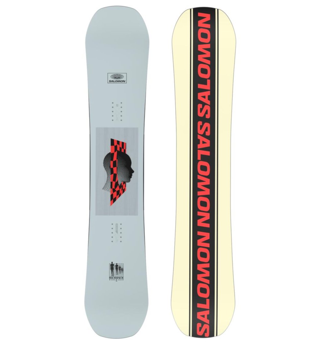 Salomon Kickback Snowboard 2025 - A light gray snowboard with a black and red checkered pattern on the top side of the graphic area.