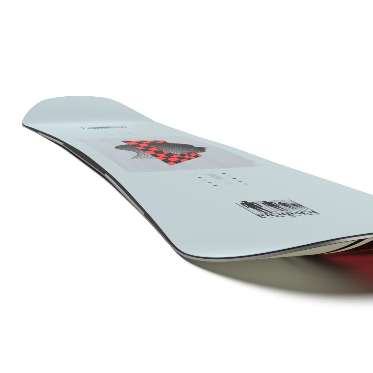 Salomon Kickback Snowboard 2025 - A light gray snowboard with a black and red checkered pattern on top of a fish graphic.