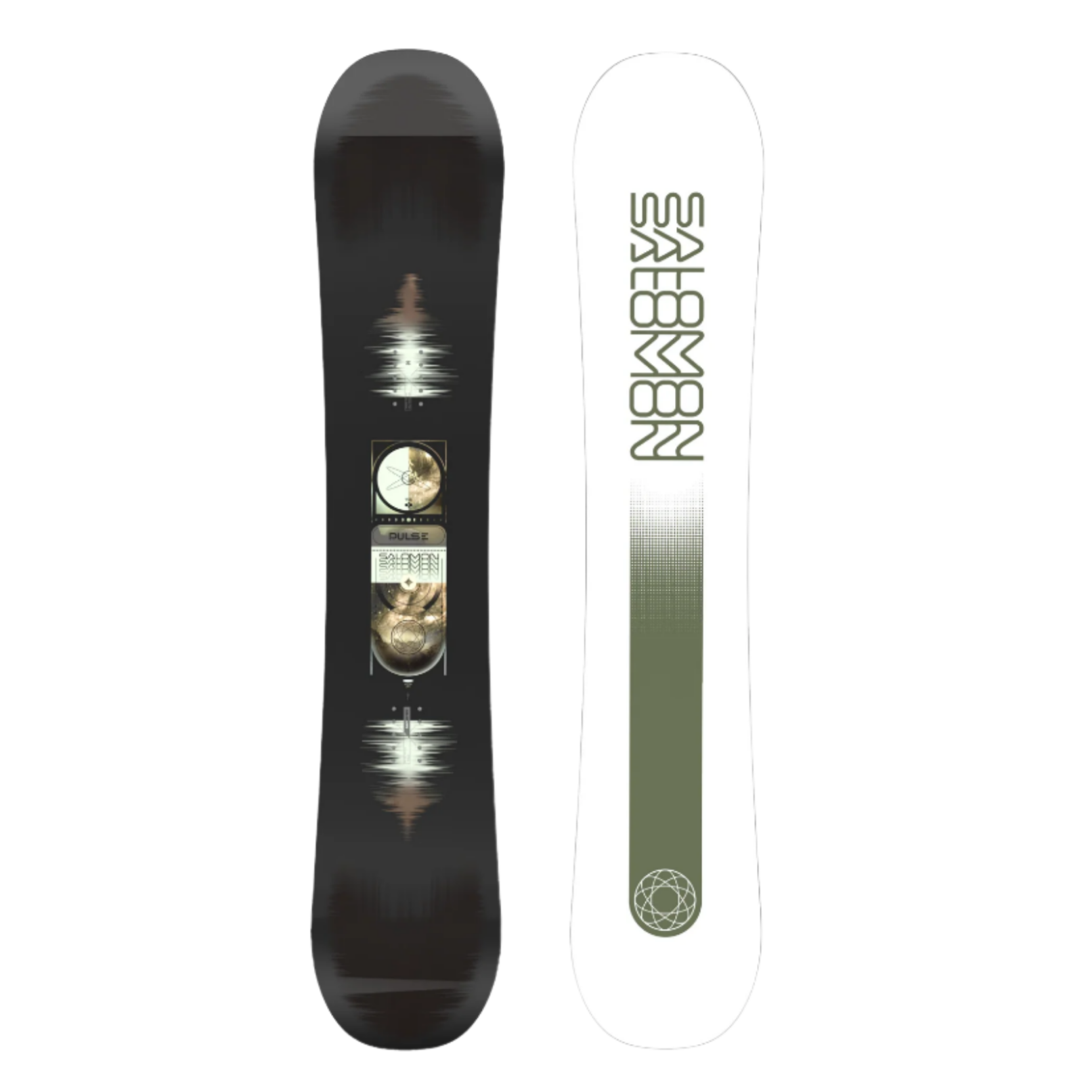 Salomon Pulse Snowboard 2026 - A black snowboard with a white logo and text on top, featuring a brown graphic of a person riding down a mountain.