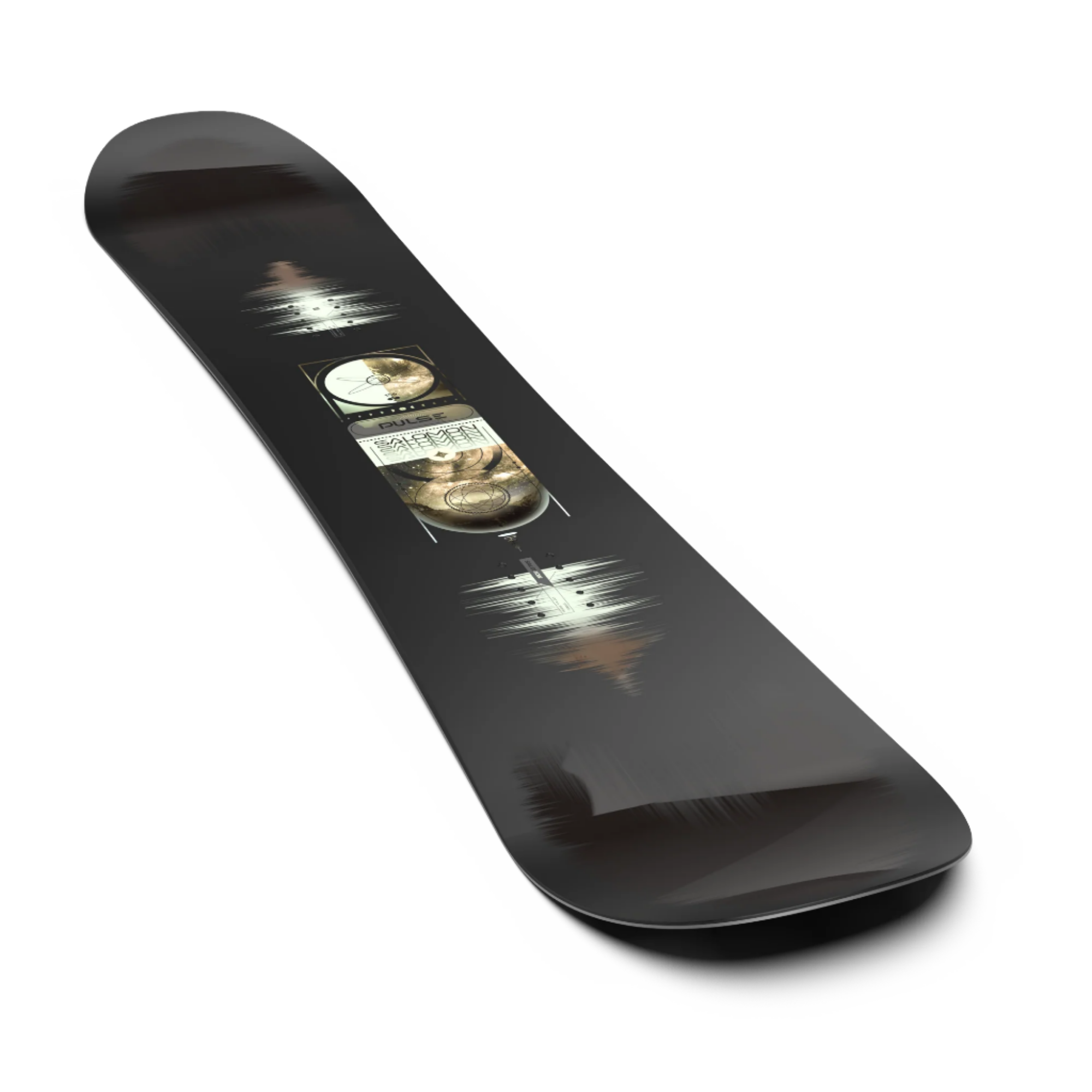 Salomon Pulse Snowboard 2026 - A black snowboard with a white logo and text on top of it.