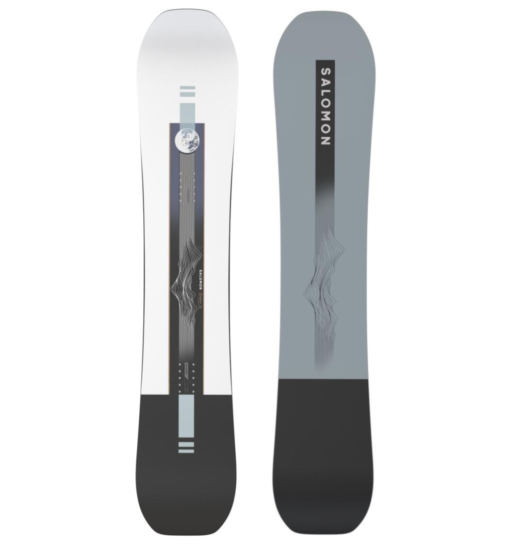 Salomon Sight Snowboard 2025 - A white snowboard with a black stripe down the middle and a circular logo on top.