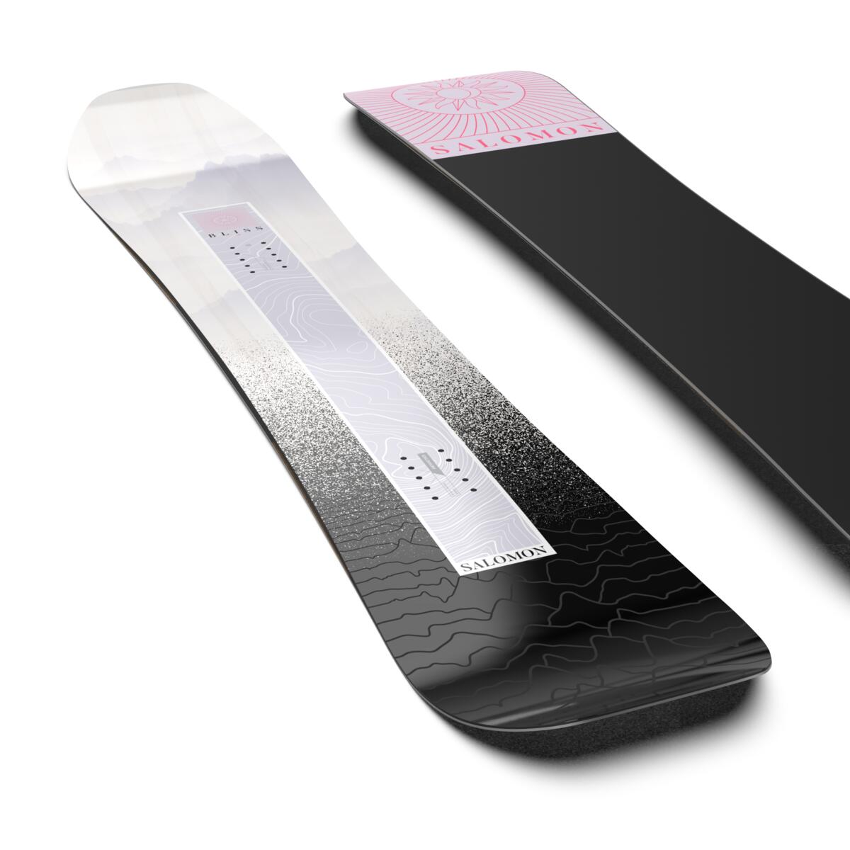 Salomon Women's Bliss Snowboard 2025 - A snowboard with a white top and black bottom, featuring a pink logo on the top.