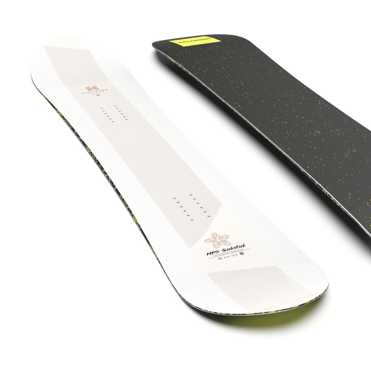 Salomon HPS - Sickstick Snowboard 2025 - A white snowboard with a brown logo and small black dots on top.