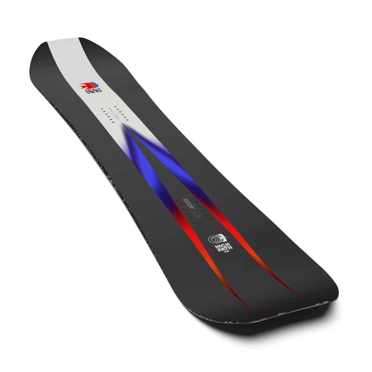Salomon Highpath 2025 - A black snowboard with a blue stripe down the middle and red accents on either side.