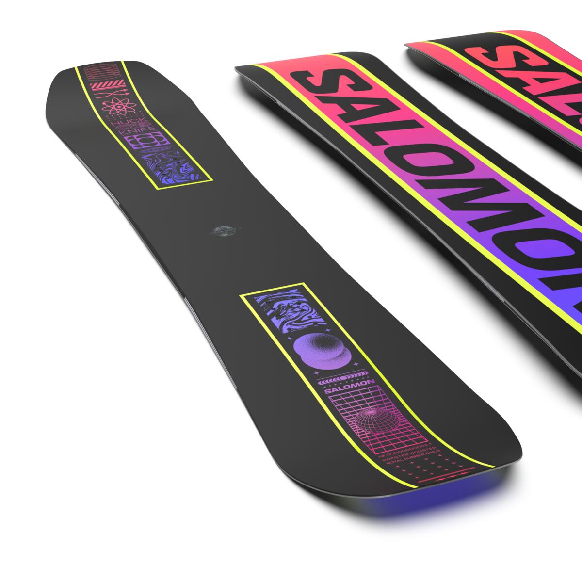 Salomon Huck Knife Pro Snowboard 2025 - A black snowboard with a purple and pink design on top, featuring a geometric pattern.