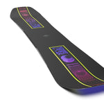 Salomon Huck Knife Pro Snowboard 2025 - A black snowboard with a purple and pink design featuring geometric shapes, including circles and lines.