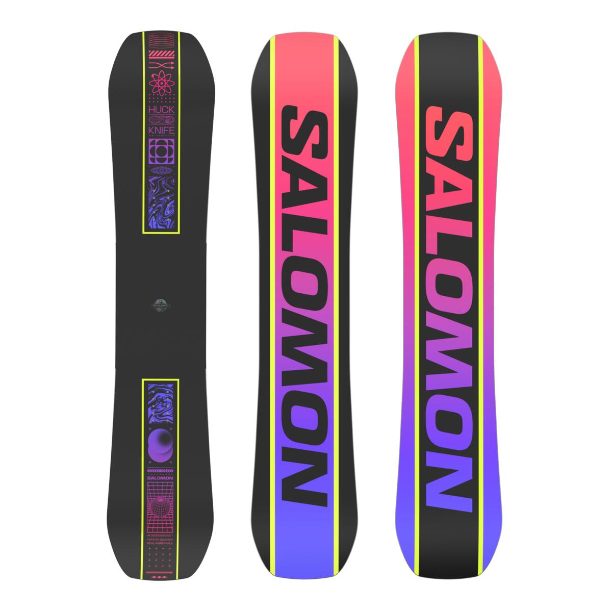 Salomon Huck Knife Pro Snowboard 2025 - A black snowboard with a pink and purple gradient design on top, featuring a yellow stripe down the middle.