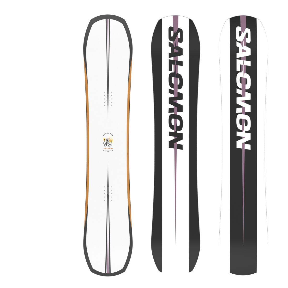 Salomon Assassin Snowboard 2025 - White snowboard with black trim and yellow logo on top.