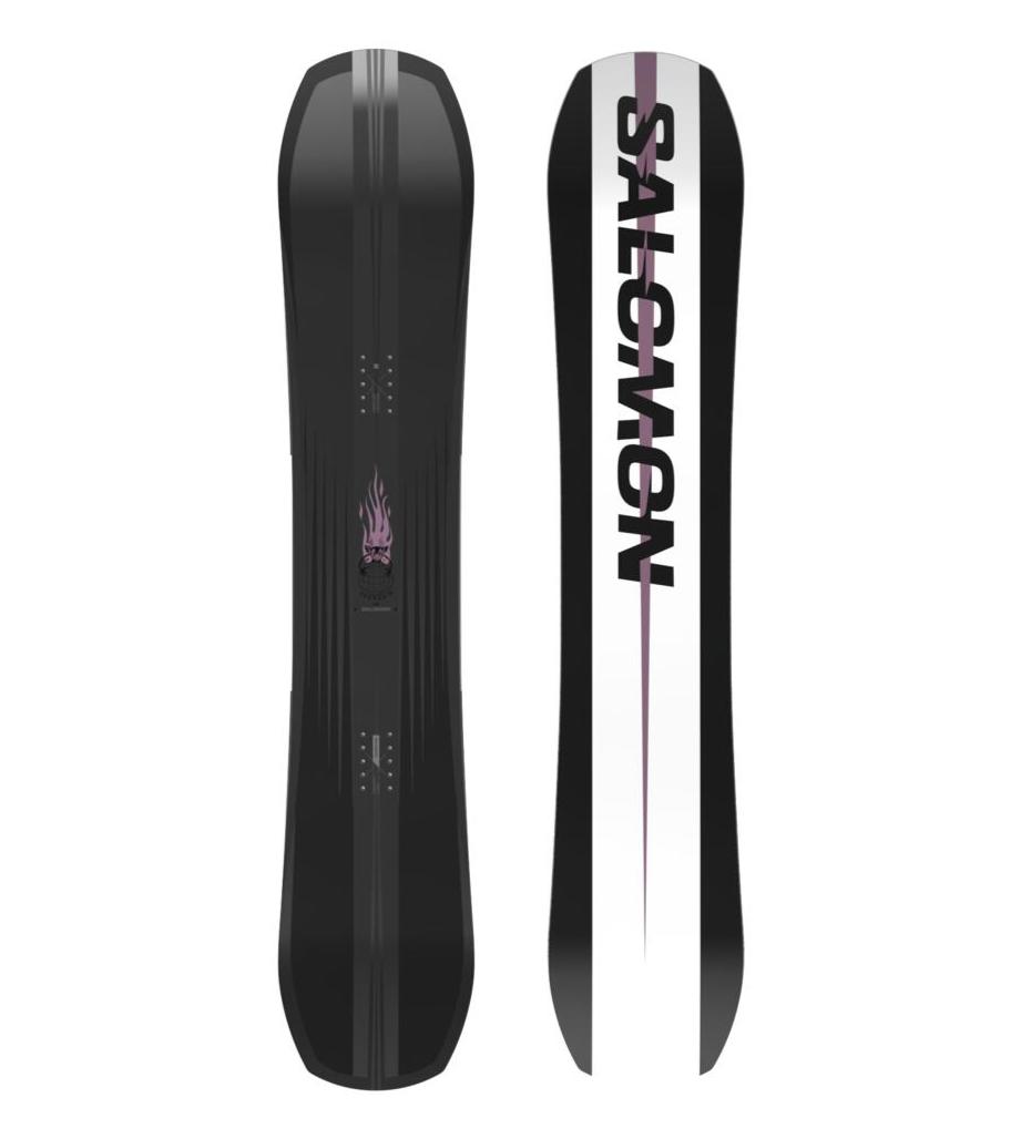 Salomon Assassin Pro Snowboard 2025 - A black snowboard with a pink flame logo on top and a white stripe down the middle.