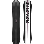 Salomon Assassin Pro Snowboard 2025 - A black snowboard with a pink flame logo on top and a white stripe down the middle.