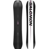 Salomon Assassin Pro Snowboard 2025 - A black snowboard with a pink flame logo on top and a white stripe down the middle.