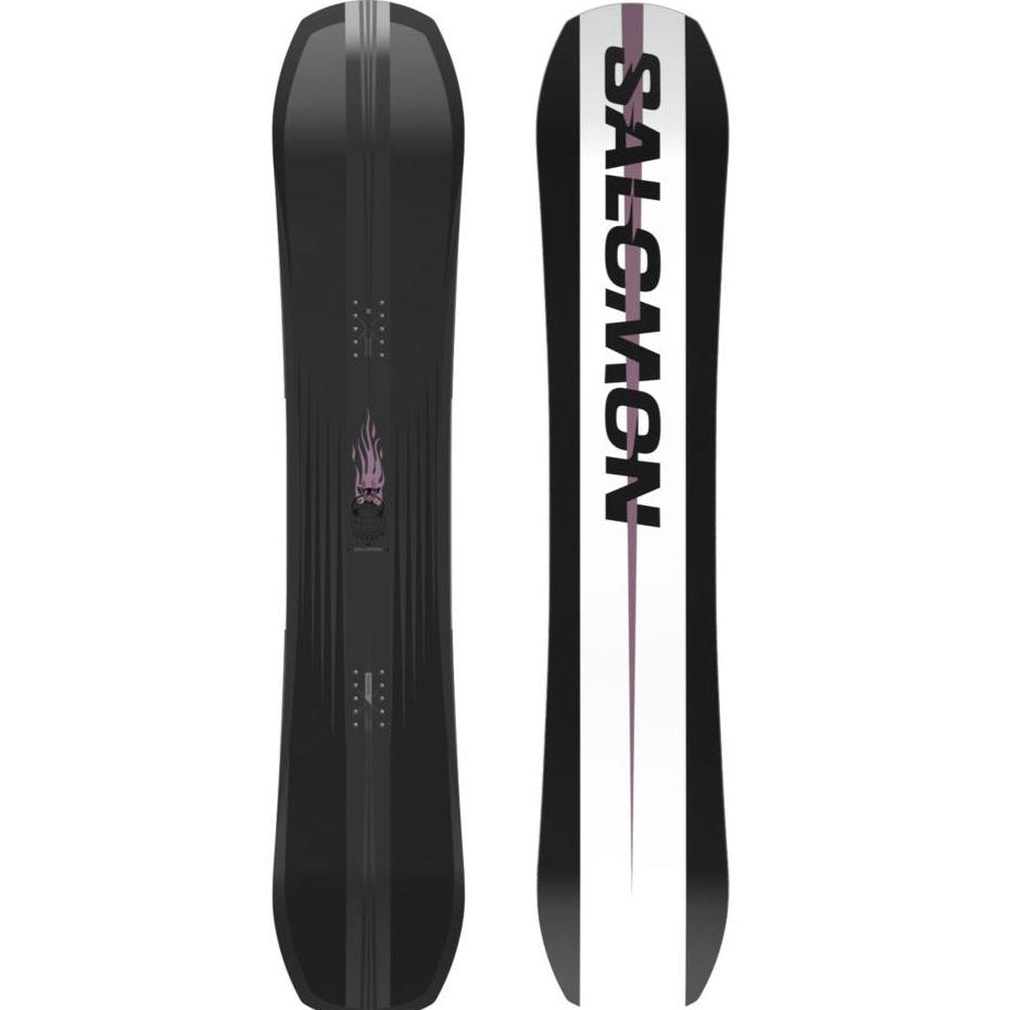 Salomon Assassin Pro Snowboard 2025 - A black snowboard with a pink flame logo on top and a white stripe down the middle.