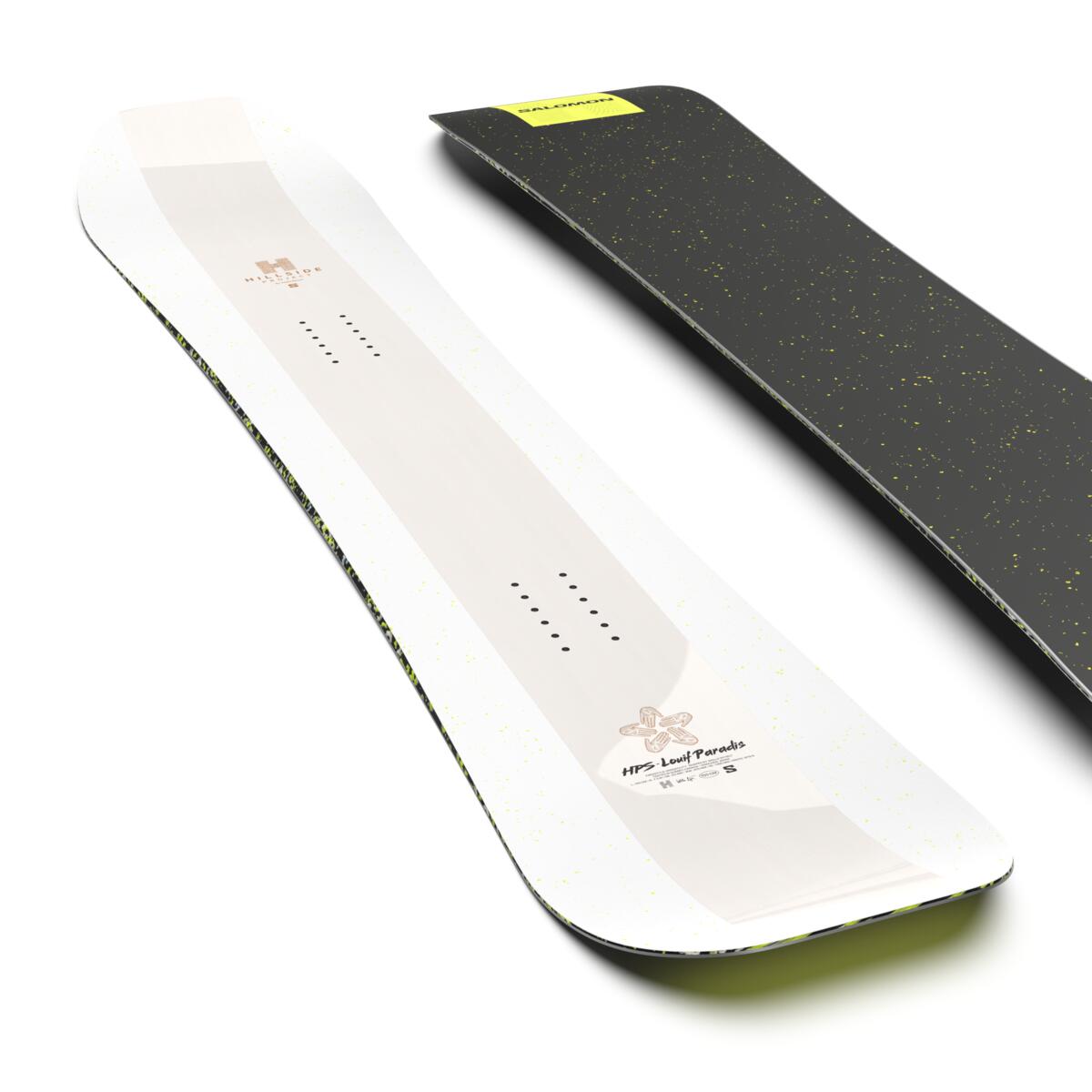 Salomon HPS Louidf Paradis 2025 - A white snowboard with a brown logo and black dots on top, featuring a flower-shaped design at the bottom.