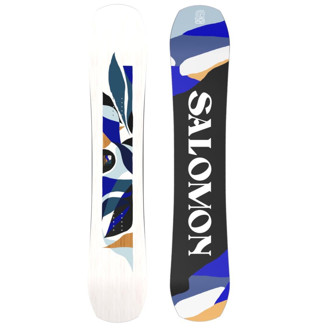 Salomon Women's Rumble Fish Snowboard 2025 - A snowboard with a blue and white abstract design on a black background.