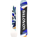 Salomon Women's Rumble Fish Snowboard 2025 - A snowboard with a blue and white abstract design on a black background.