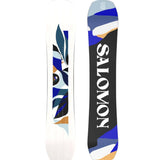 Salomon Women's Rumble Fish Snowboard 2025 - A snowboard with a blue and white abstract design on a black background.