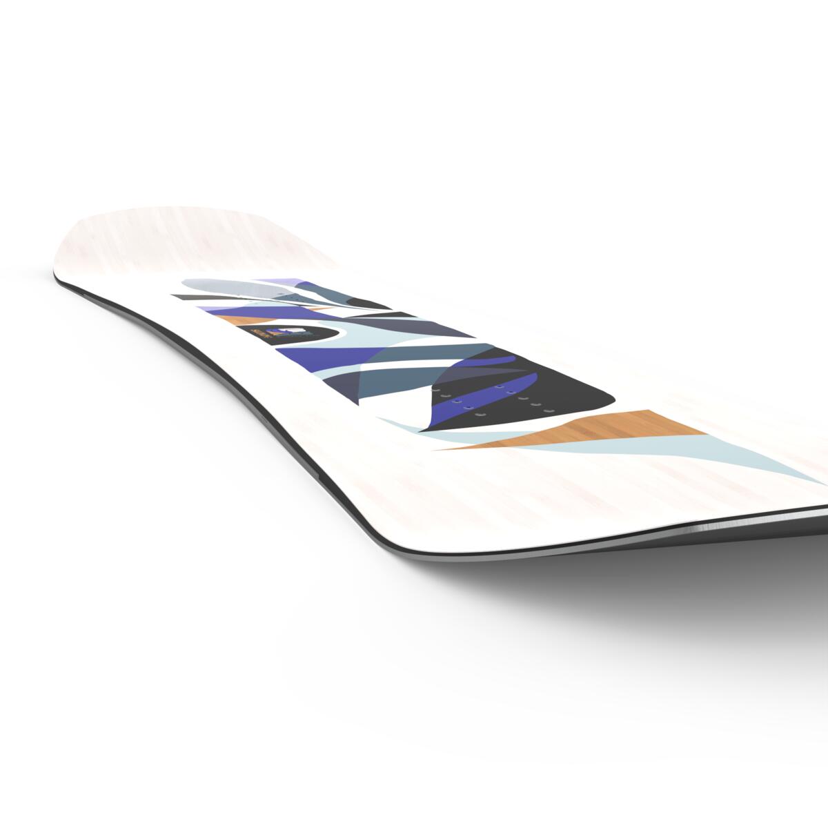 Salomon Women's Rumble Fish Snowboard 2025 - A snowboard with a blue and white geometric pattern on its top surface.