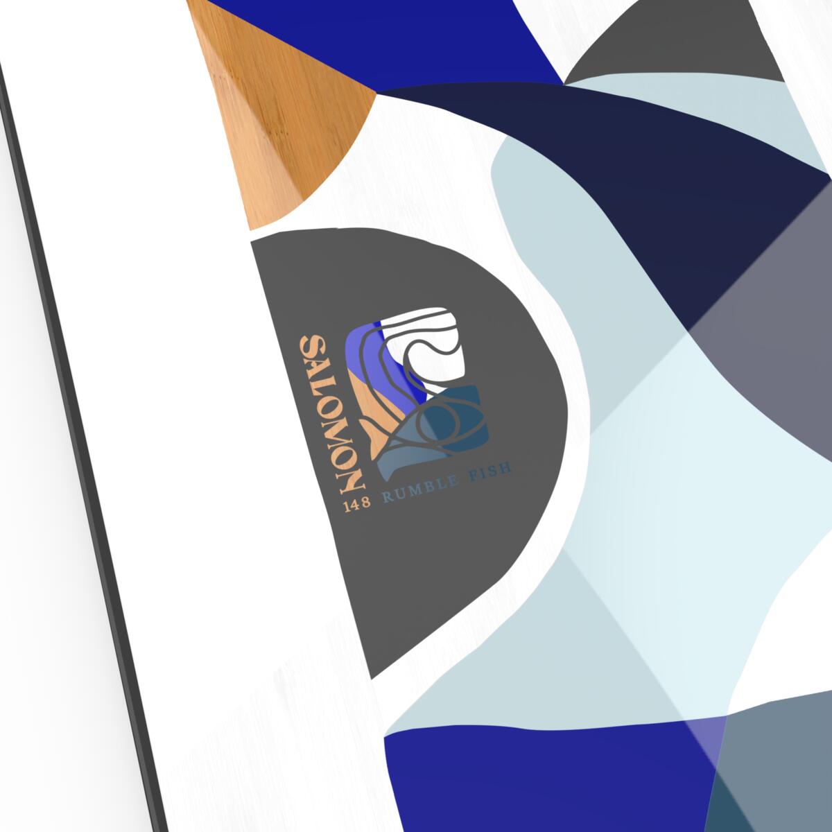 Salomon Women's Rumble Fish Snowboard 2025 - A snowboard with a blue and white fish design on its top side.