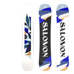 Salomon Women's Rumble Fish Snowboard 2025 - A snowboard with a blue and white abstract design on a light-colored wood grain background.