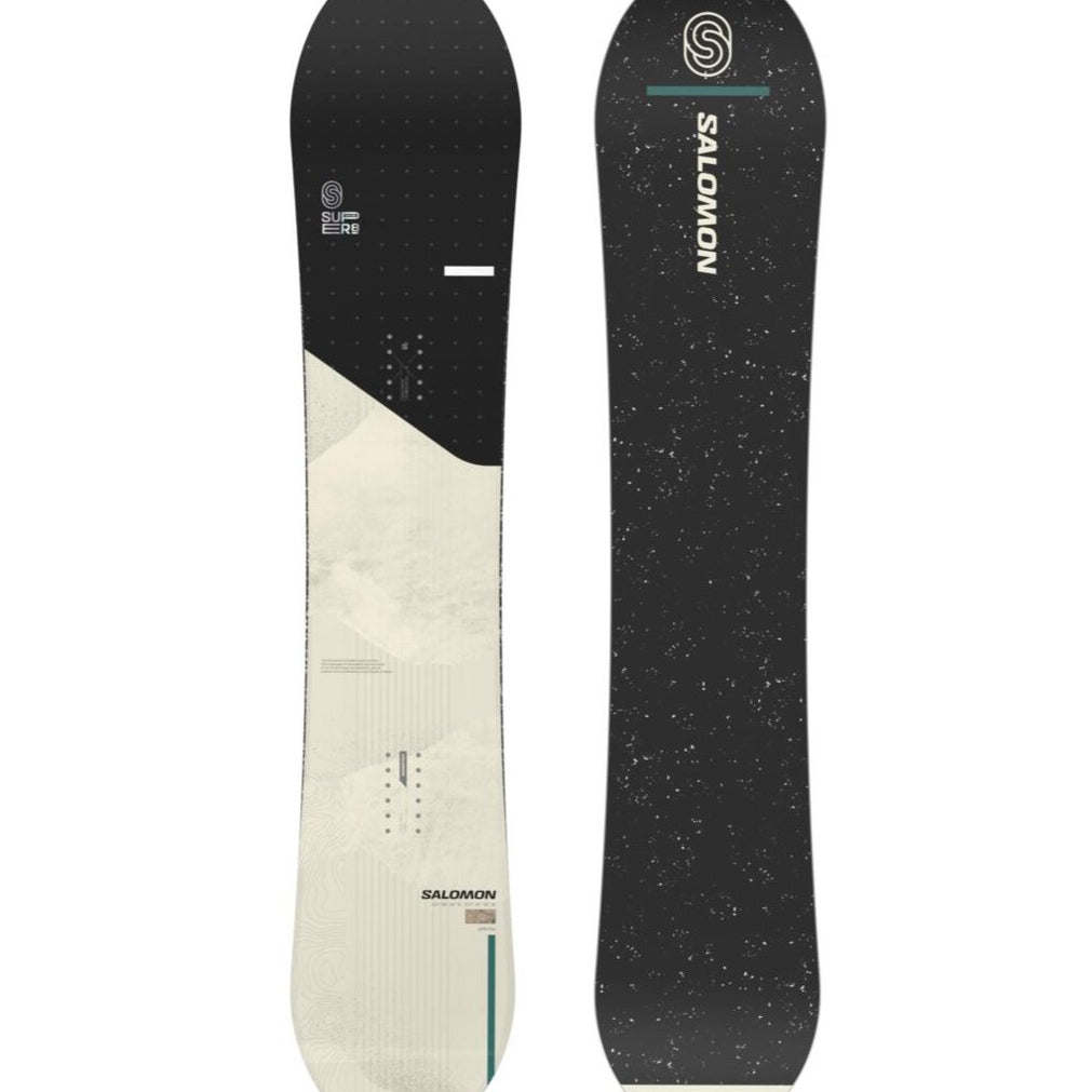 Salomon Super 8 Snowboard 2025 - A black snowboard with a white logo and text on top, featuring a geometric pattern in light gray.