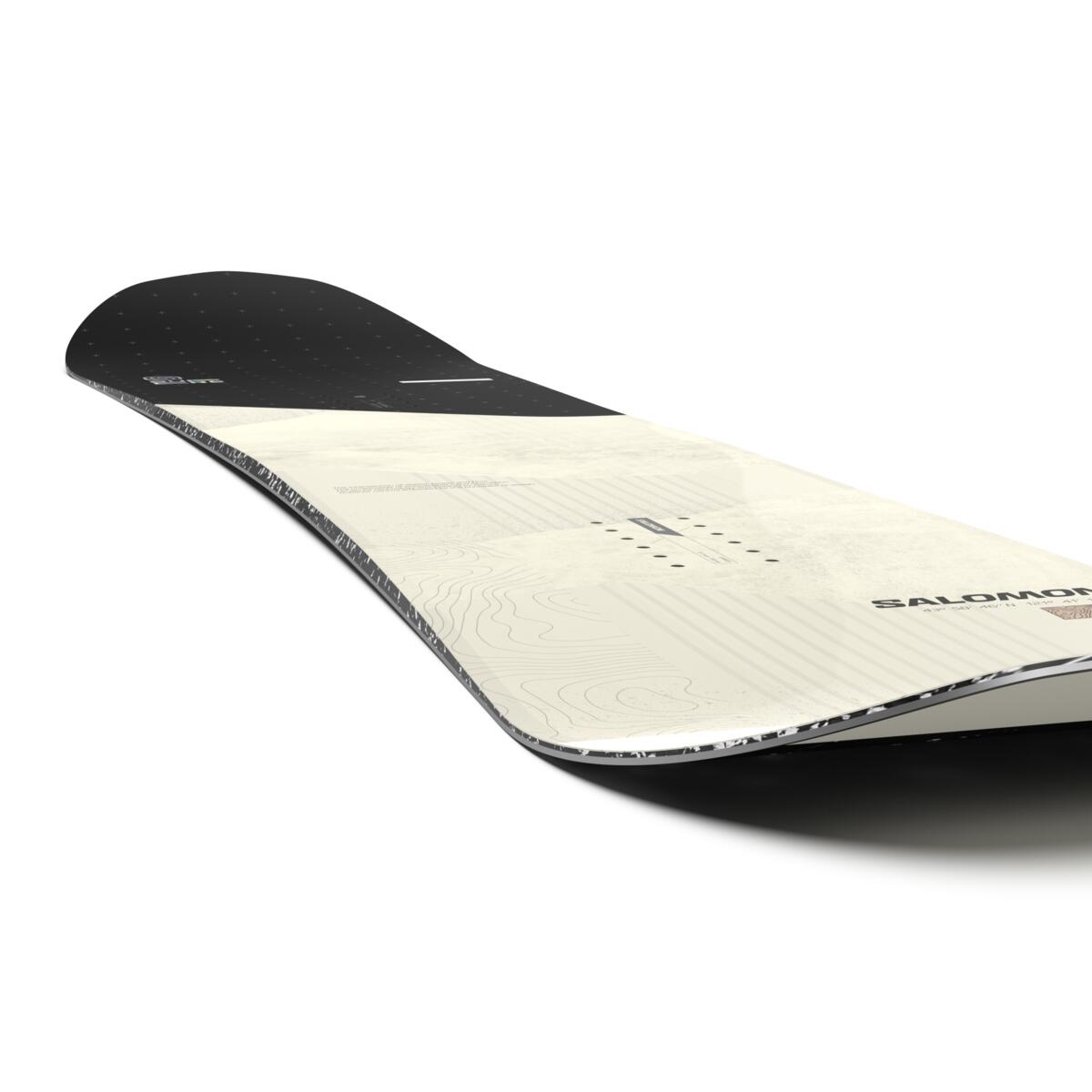 Salomon Super 8 Snowboard 2025 - A black snowboard with a white logo and text on top of a beige background.