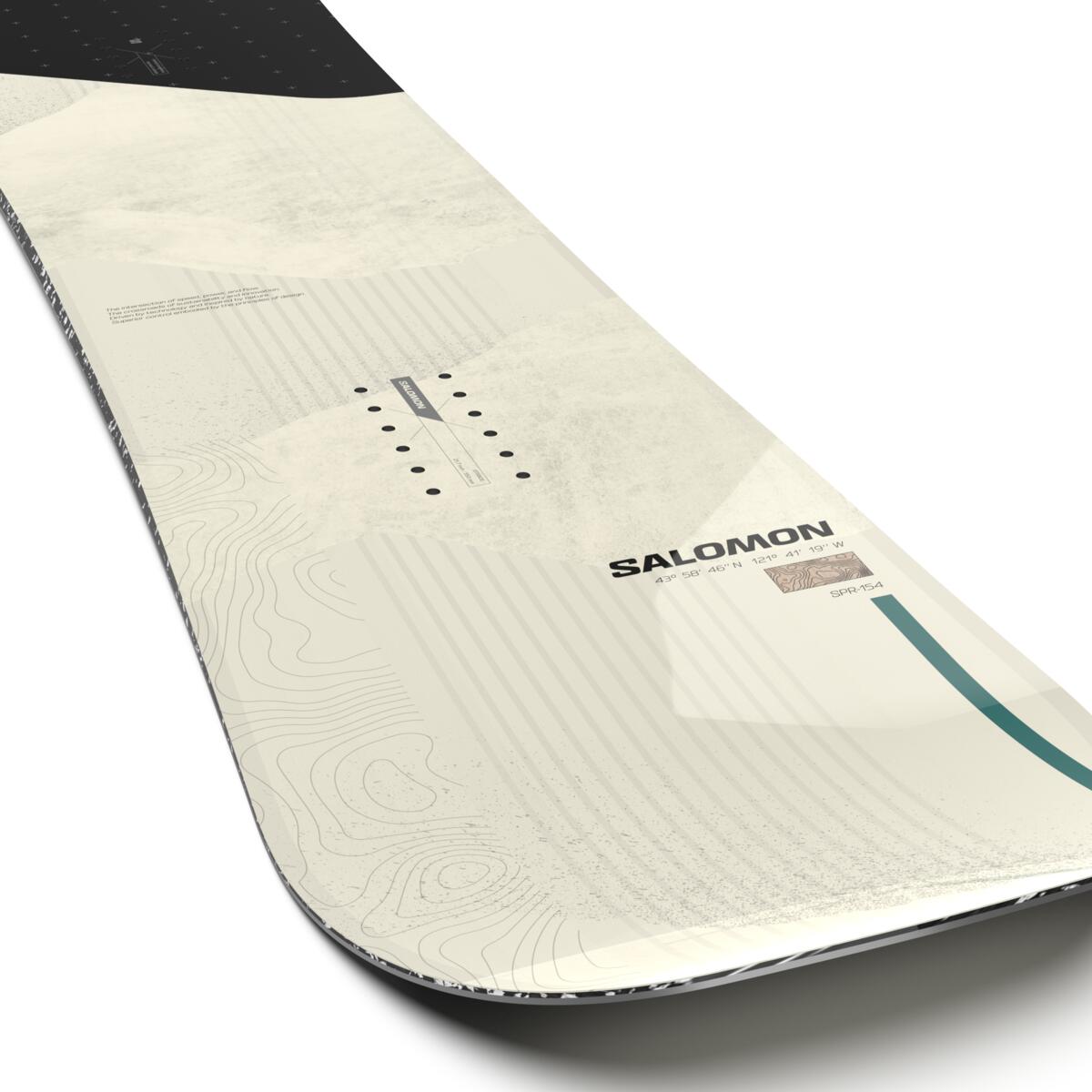 Salomon Super 8 Snowboard 2025 - A white snowboard with a black top sheet and gray logo on the bottom.