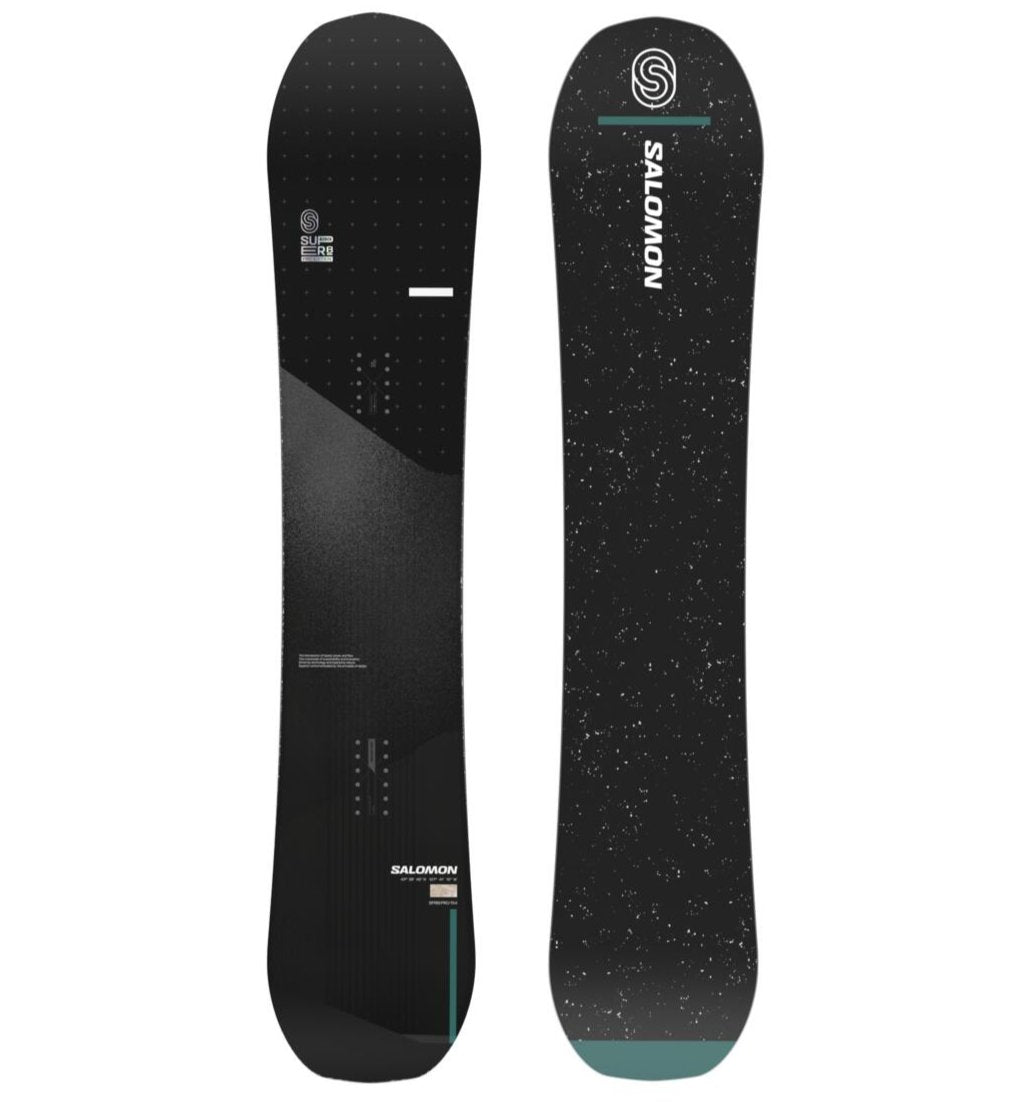 Salomon Super 8 Pro Snowboard 2025 - A black snowboard with a subtle gray pattern and white lettering.