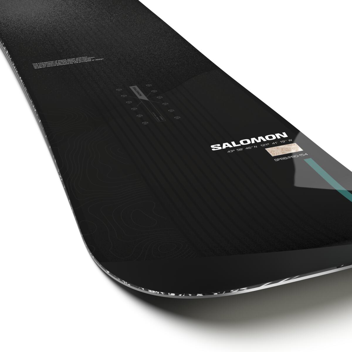 Salomon Super 8 Pro Snowboard 2025 - A black snowboard with a white logo and text on top of it.