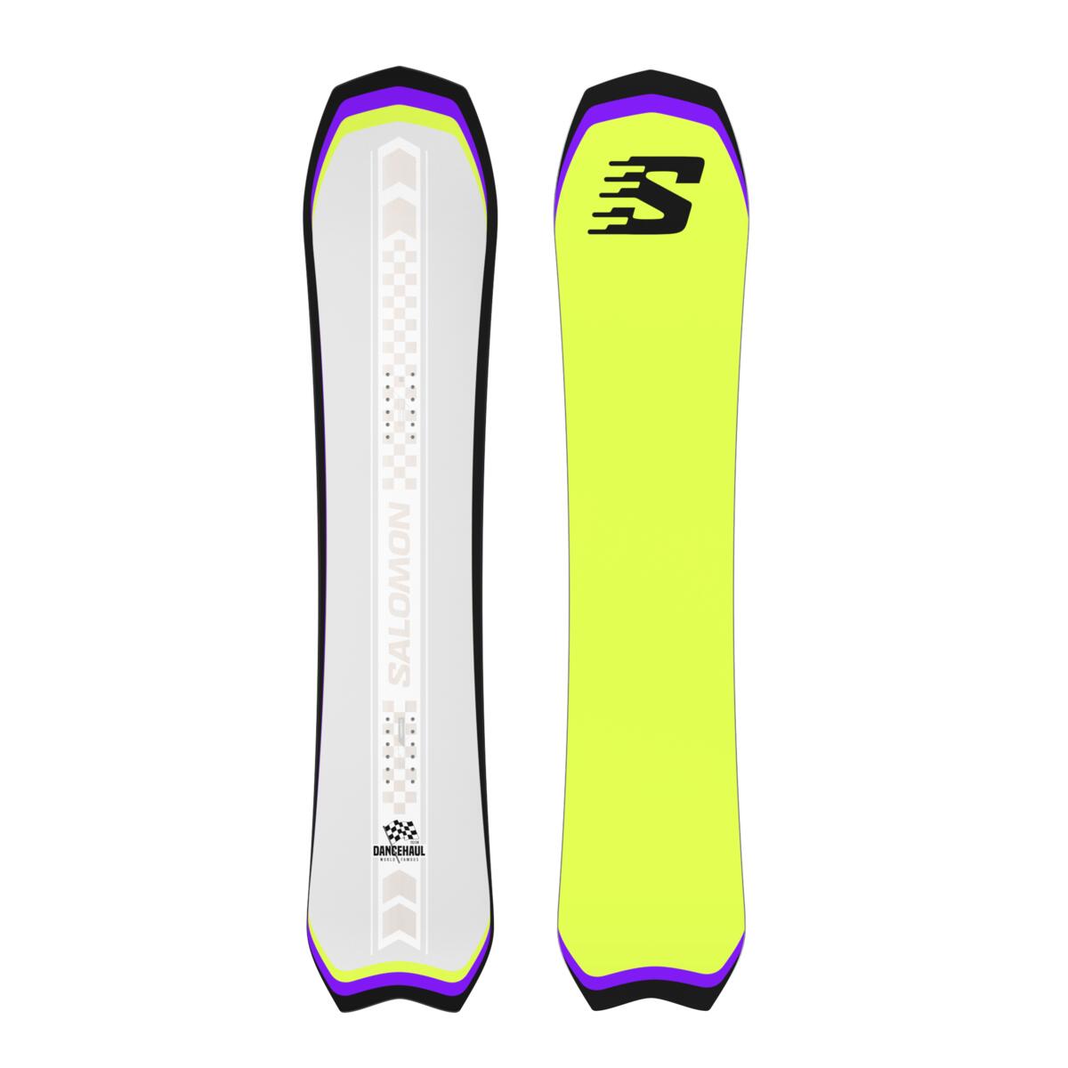Salomon Dancehaul Snowboard 2025 - A white snowboard with a purple and yellow border, featuring a checkered pattern on its top surface.