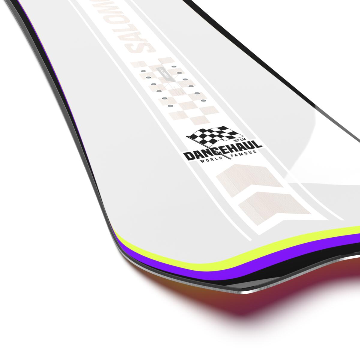 Salomon Dancehaul Snowboard 2025 - A white snowboard with a black and purple stripe along its bottom edge.