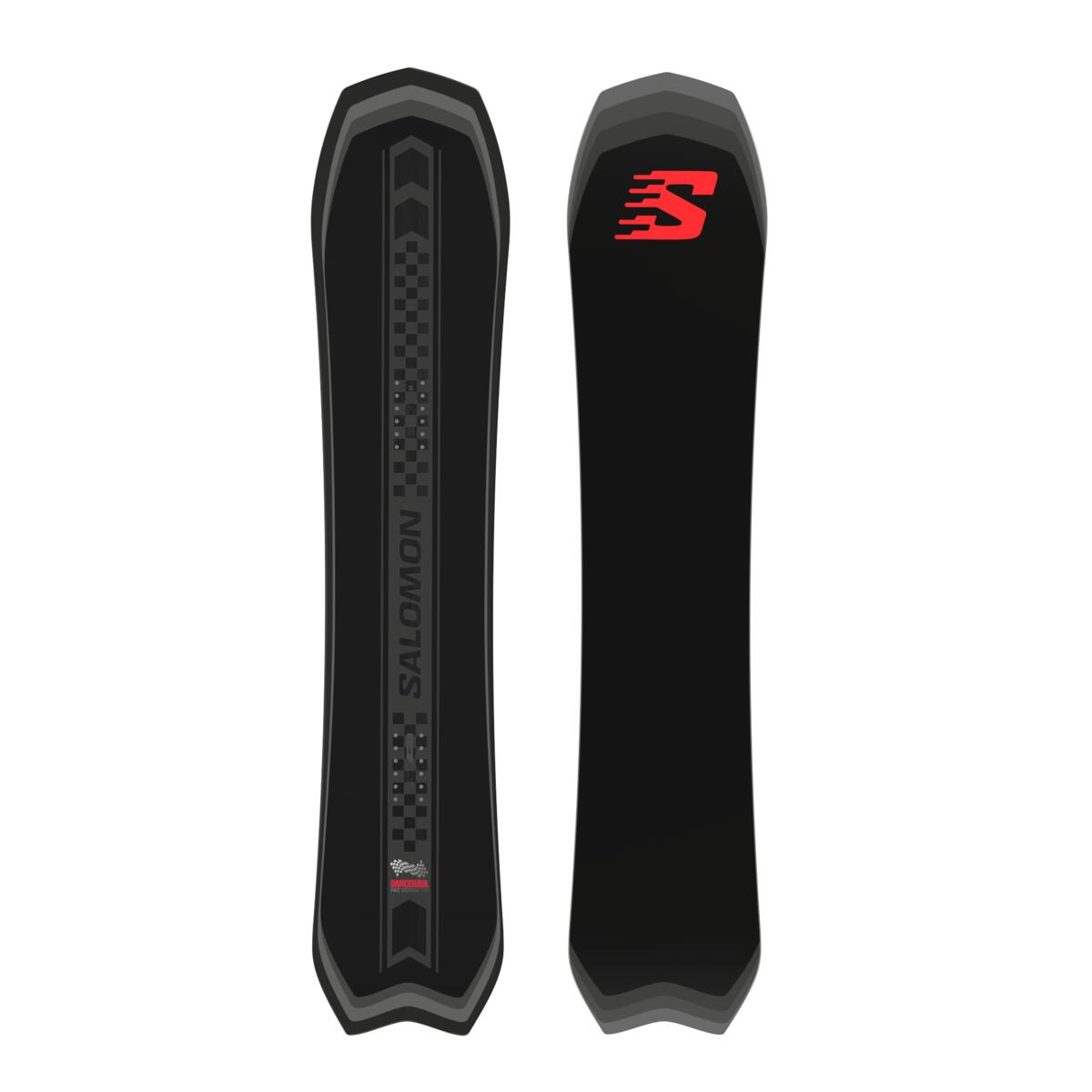 Salomon Dancehaul Pro Snowboard 2025 - Black snowboard with gray checkered pattern down center and red logo on top edge.