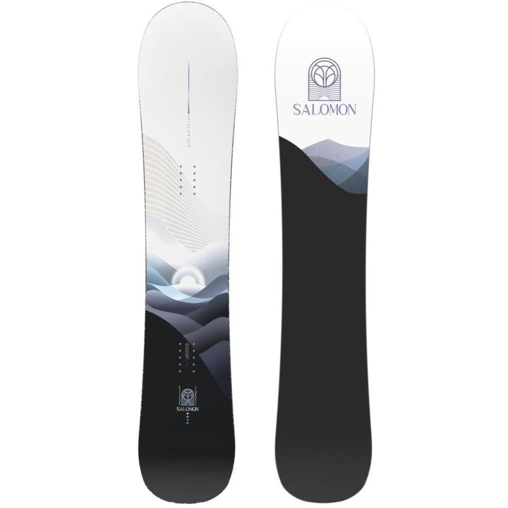 Salomon Women's Bellevue Snowboard 2025 - A white snowboard with a blue and gray graphic of mountains and trees on the top half, and a solid light blue bottom half.