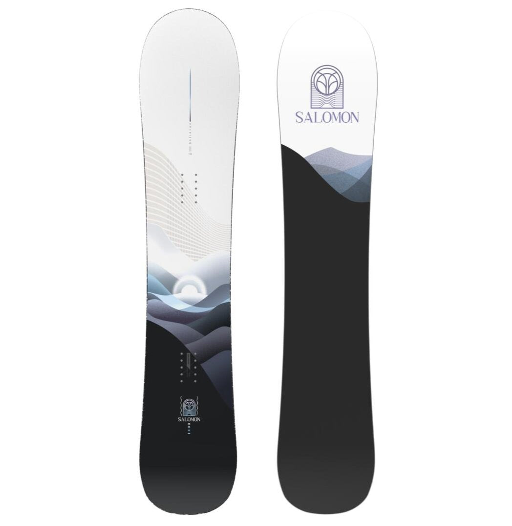 Salomon Women's Bellevue Snowboard 2025 - A white snowboard with a blue and gray graphic of mountains and trees on the top half, and a solid light blue bottom half.