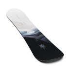 Salomon Women's Bellevue Snowboard 2025 - A white snowboard with a blue and gray graphic of mountains and trees on top, featuring a black base.