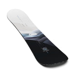 Salomon Women's Bellevue Snowboard 2025 - A white snowboard with a blue and gray graphic of mountains and trees on top, featuring a black base.