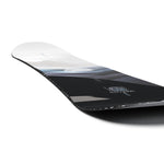 Salomon Women's Bellevue Snowboard 2025 - A white snowboard with a blue stripe and black bindings.