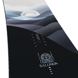 Salomon Women's Bellevue Snowboard 2025 - A snowboard with a white and blue graphic design featuring wavy lines and geometric shapes.