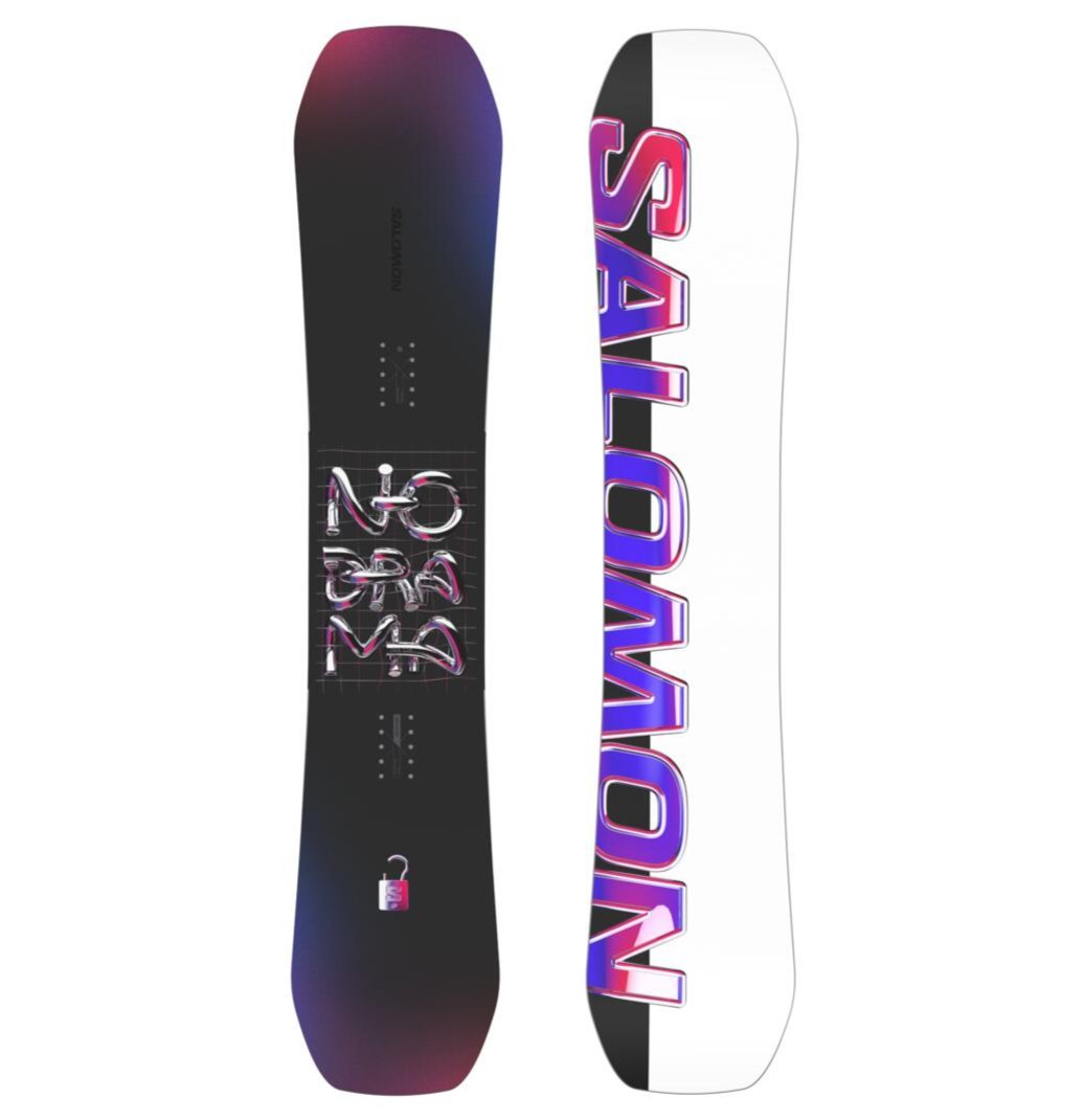 Salomon Women's No Drama Snowboard 2025 - A black snowboard with a white and pink logo on top.