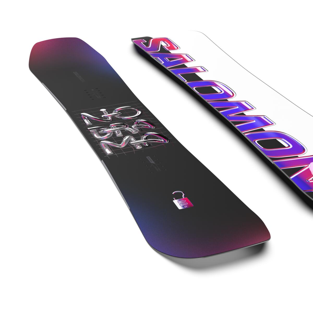 Salomon Women's No Drama Snowboard 2025 - A black snowboard with a white and pink logo on top.