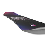 Salomon Women's No Drama Snowboard 2025 - A black snowboard with a white and pink graphic of a woman riding a snowboard on top.