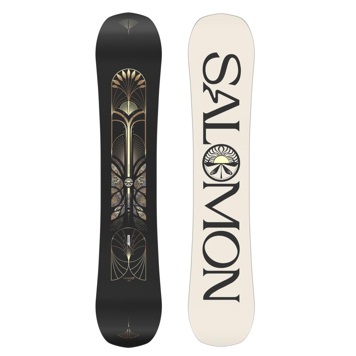 Salomon Women's Wonder Snowboard 2025 - A black snowboard with gold and gray designs, featuring a tree-like pattern at its center.