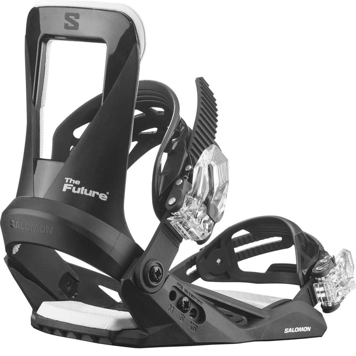 Salomon The Future Kid's Snowboard Bindings 2025 - Black bindings with white lettering and a clear plastic strap on top.