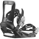 Salomon The Future Kid's Snowboard Bindings 2025 - Black bindings with white lettering and a clear plastic strap on top.