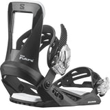Salomon The Future Kid's Snowboard Bindings 2025 - Black bindings with white lettering and a clear plastic strap on top.