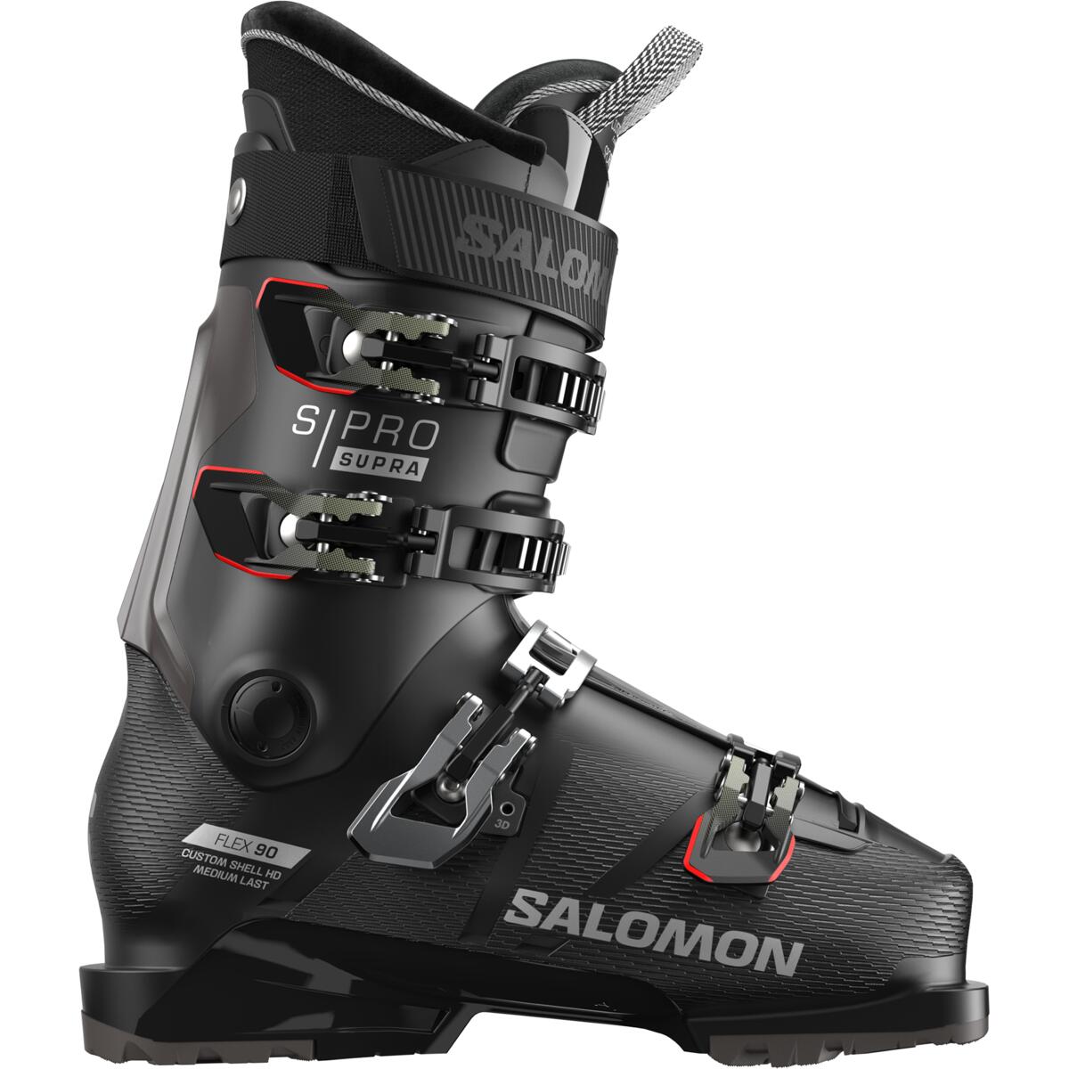 Salomon Men's S/PRO SUPRA 90 GW Ski Boots 2025 - Black ski boots with silver buckles and straps.